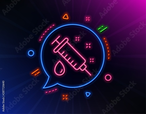 Medical syringe line icon. Neon laser lights. Medicine vaccine sign. Pharmacy medication symbol. Glow laser speech bubble. Neon lights chat bubble. Banner badge with medical syringe icon. Vector