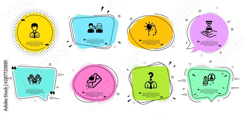 People communication, Businessman and Idea line icons set. Chat bubbles with quotes. Love letter, Safe time and Time hourglass signs. Hiring employees, Startup symbols. Vector