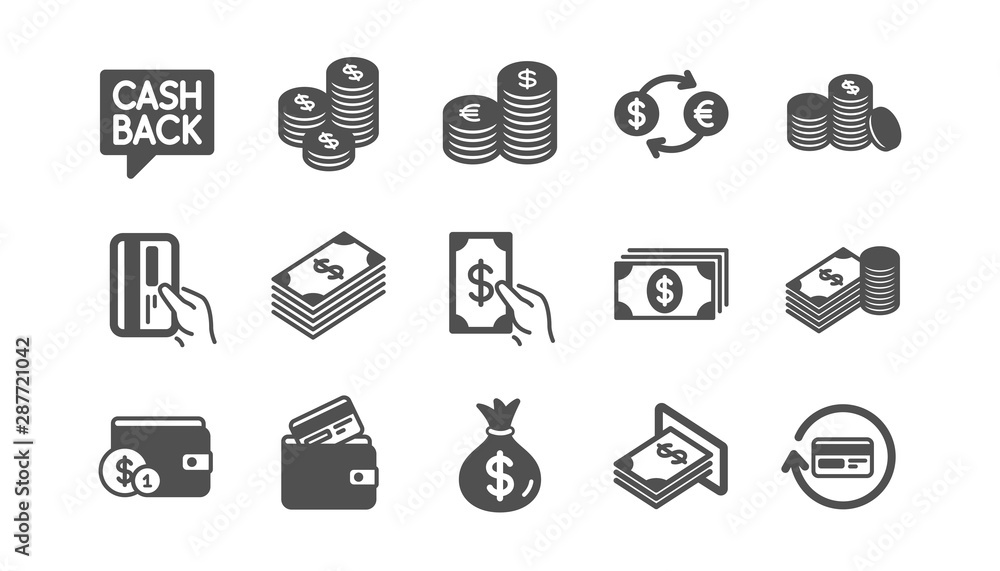 Money and payment icons. Cash, Wallet and Coins. Account cashback classic icon set. Quality set. Vector Money and payment icons. Cash, Wallet and Coins. Account cashback classic icon set. Quality set. Vector