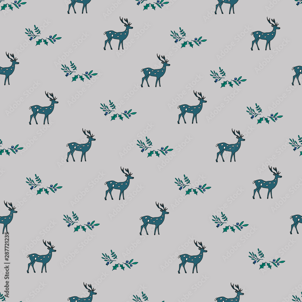 seamless pattern with abstract deer and trees. doodle style