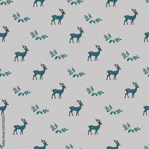 seamless pattern with abstract deer and trees. doodle style