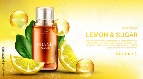 Vitamin cosmetics bottle with lemon and sugar, organic anti aging spray, q10 fruit acid product package mockup background. Natural eco cosmetic skin care scrub ad. Realistic 3d vector illustration