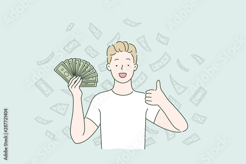 Passive income, profit, cashback concept. Guy or man holding dollars very happy and excited, winner expression celebrating victory screaming with smile and shows the gesture Like. Simple flat vector.