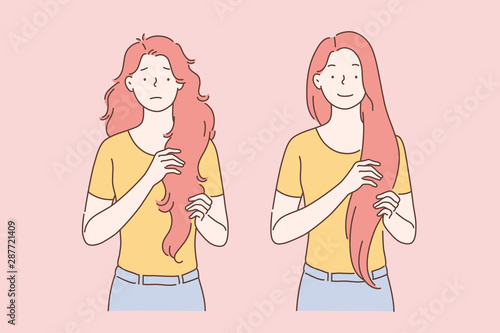 Cut and healthy hair care concept. Womens or girls hair before and after straightening, treatment of damaged hair. Simple flat vector.