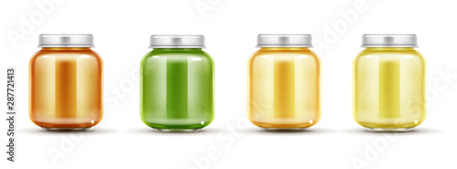 Baby food jars set, glass puree bottles with cap isolated on white background mock up design. Blank preserve tubes for child vegetables and fruits nutrition mockup. Realistic 3d vector illustration