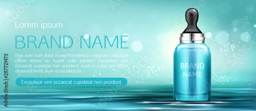 Cosmetics serum bottle with pipette mock up banner. Serum beauty product package on water surface background. Pearl blue mockup natural cosmetic skin care promo ad. Realistic 3d vector illustration