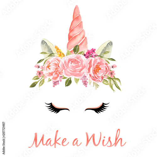Watercolor head of unicorn with floral wreath peach on white background