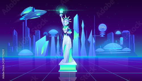 Statue of Liberty neon city futuristi sci-fy background, New York monument in synth retro wave style. Culture ladmark, fantastic buildings and space ship, virtual reality Cartoon vector illustration