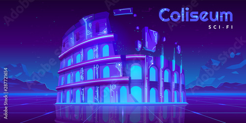 Neon Coliseum on retro sci-fi glowing background in futuristic synth retro wave style. Famous italian monument ladmark, antique building ruines, virtual reality tourism Cartoon vector illustration