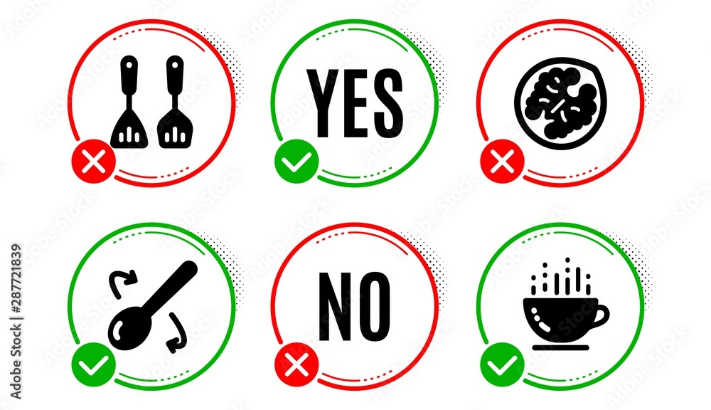 Cooking spoon, Cooking cutlery and Walnut icons simple set. Yes no check box. Coffee cup sign. Cutlery, Kitchen accessories, Vegetarian food. Hot drink. Food and drink set. Cooking spoon icon. Vector Cooking spoon, Cooking cutlery and Walnut icons simple set. Yes no check box. Coffee cup sign. Cutlery, Kitchen accessories, Vegetarian food. Hot drink. Food and drink set. Cooking spoon icon. Vector
