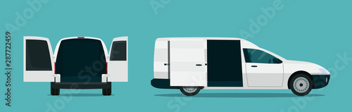 Compact cargo van set. Сargo van with side and back view. Car with open tailgate. Vector flat style illustration.