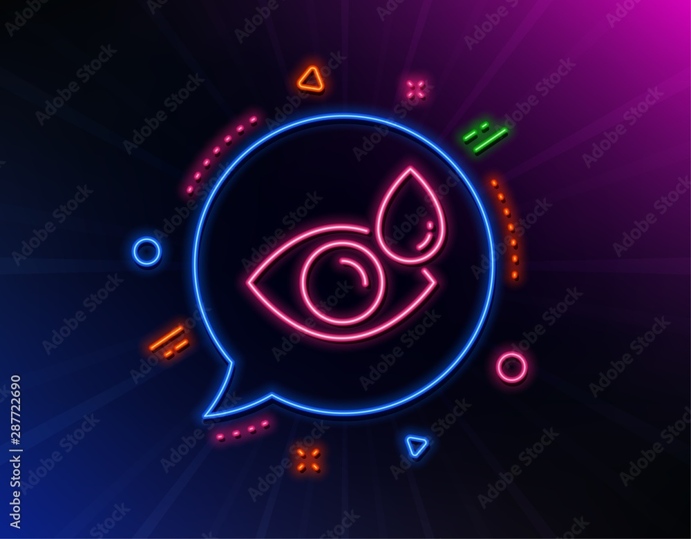 Eye drops line icon. Neon laser lights. Oculist clinic sign. Optometry vision symbol. Glow laser speech bubble. Neon lights chat bubble. Banner badge with eye drops icon. Vector Eye drops line icon. Neon laser lights. Oculist clinic sign. Optometry vision symbol. Glow laser speech bubble. Neon lights chat bubble. Banner badge with eye drops icon. Vector