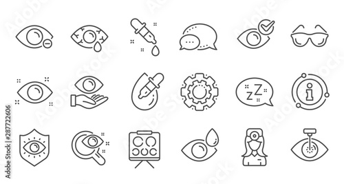 Optometry, Eye doctor line icons. Medical laser surgery, glasses and eyedropper. Pink eye, Cataract surgery and allergy icons. Optician board, oculist chart. Linear set. Quality line set. Vector