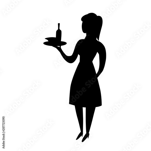 Black silhouette of waitress. Character illustration isolated on white. Cartoon people vector flat illustration.