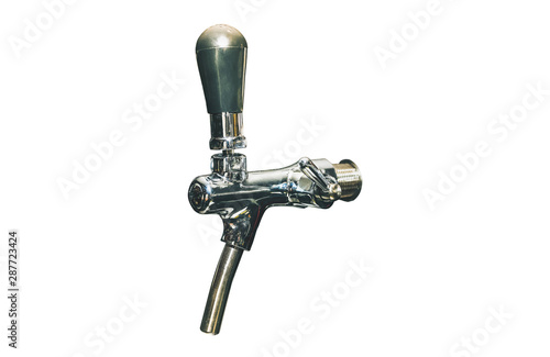 Chrome taps for draft beer isolated on white background. Alcohol machine detail dispenser.