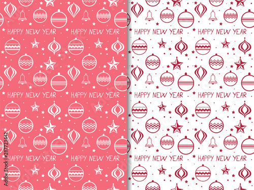 Christmas tree toys seamless pattern with hadwritten lettering happy new year