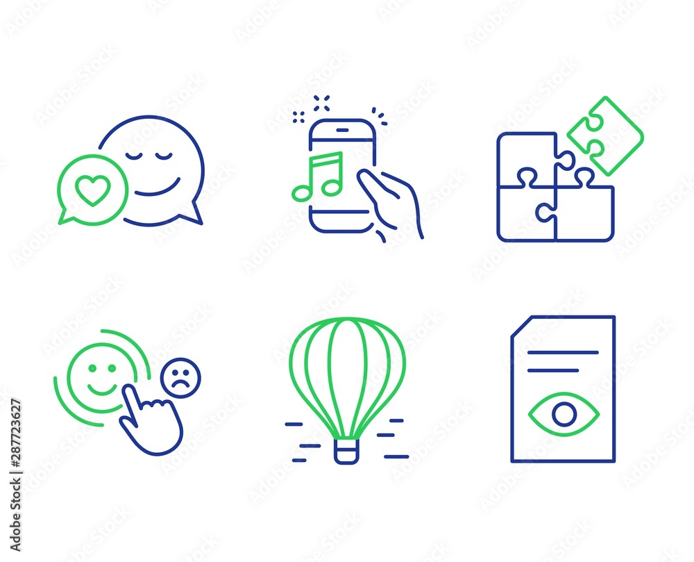 Puzzle, Dating and Air balloon line icons set. Customer satisfaction, Music phone and View document signs. Engineering strategy, Love messenger, Flight travel. Happy smile. Technology set. Vector
