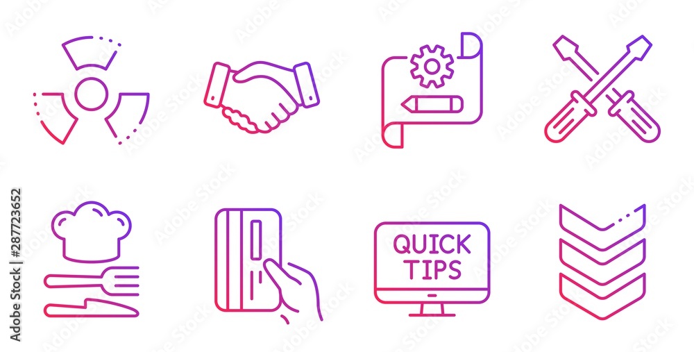 Web tutorials, Employees handshake and Food line icons set. Screwdriverl, Cogwheel blueprint and Payment card signs. Chemical hazard, Shoulder strap symbols. Quick tips, Deal hand. Vector Web tutorials, Employees handshake and Food line icons set. Screwdriverl, Cogwheel blueprint and Payment card signs. Chemical hazard, Shoulder strap symbols. Quick tips, Deal hand. Vector