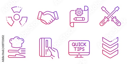 Web tutorials, Employees handshake and Food line icons set. Screwdriverl, Cogwheel blueprint and Payment card signs. Chemical hazard, Shoulder strap symbols. Quick tips, Deal hand. Vector