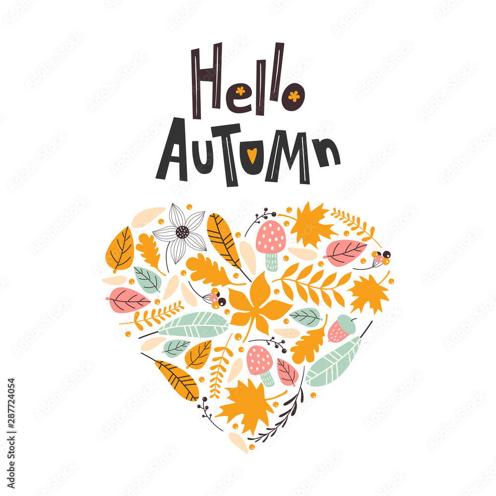 Hello autumn. Card with leaves on a white background. Vector illustrations Hello autumn. Card with leaves on a white background. Vector illustrations