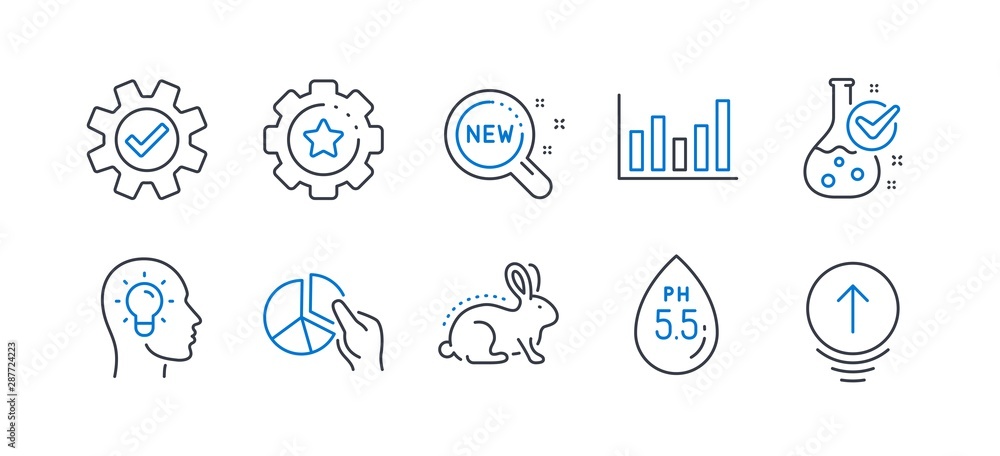 Set of Science icons, such as Ph neutral, New products, Settings gear, Service, Chemistry lab, Animal tested, Column chart, Pie chart, Idea head, Swipe up line icons. Water, Search. Vector Set of Science icons, such as Ph neutral, New products, Settings gear, Service, Chemistry lab, Animal tested, Column chart, Pie chart, Idea head, Swipe up line icons. Water, Search. Vector