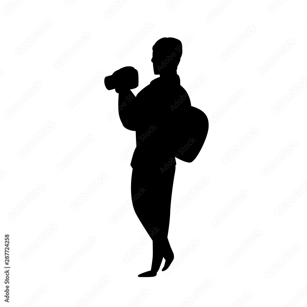 Black silhouette of photographer. Character illustration isolated on white. Cartoon people vector flat illustration.