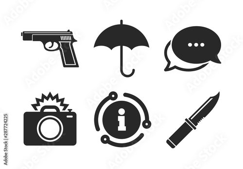 Knife, umbrella and photo camera with flash signs. Chat, info sign. Gun weapon icon. Edged hunting equipment. Prohibition objects. Classic style speech bubble icon. Vector