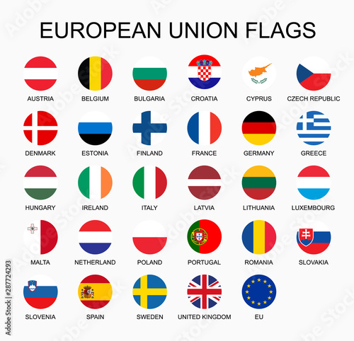 Vector illustration set of European Union countries flags on white background. EU members flags. © Alena