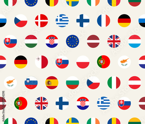 Vector seamless illustration set of European Union countries flags on white background. EU members flags.