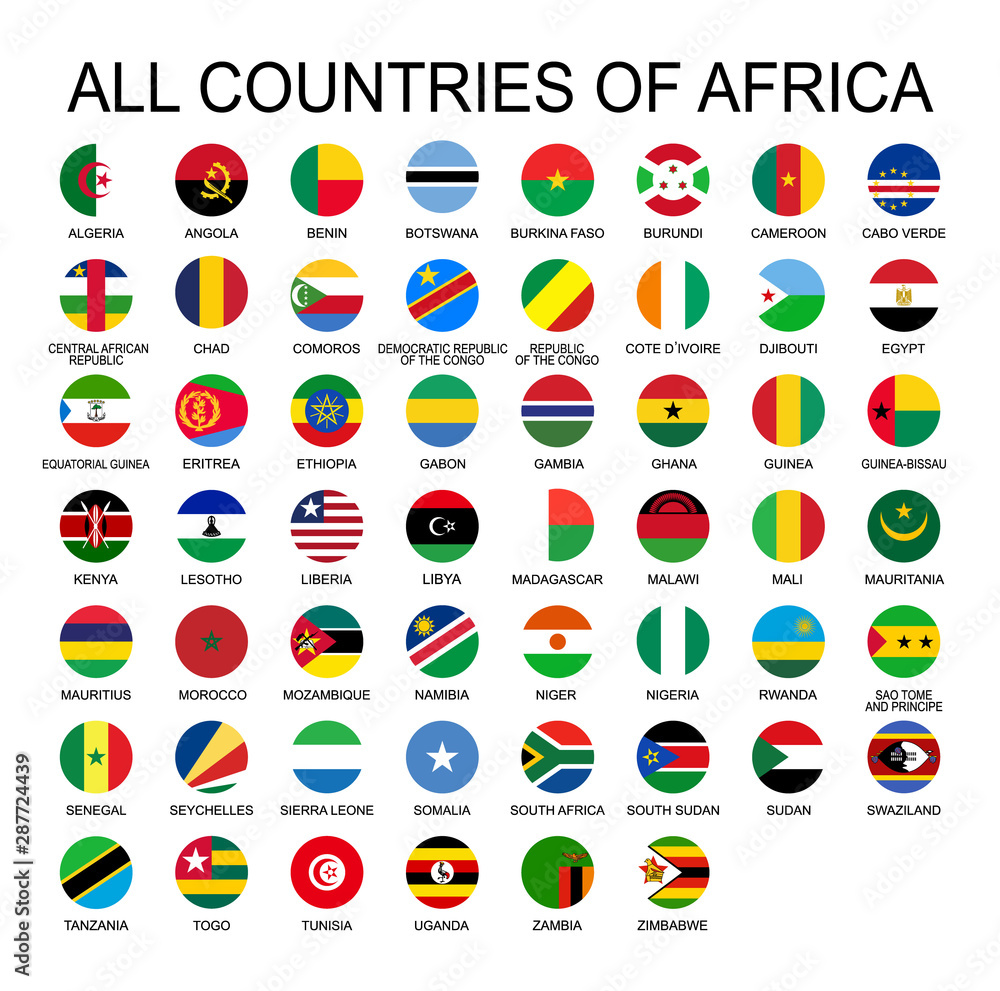 Vector illustration all flags of Africa. All countries of Africa, round shape flags.