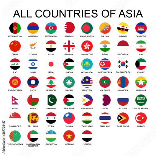 Vector illustration all flags of Asia. All countries of Asia, round shape flags.