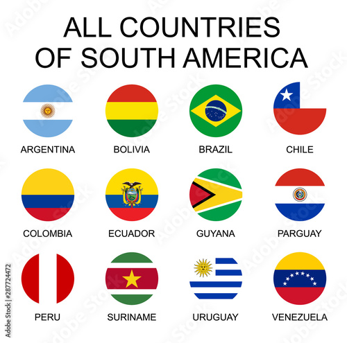 Vector illustration all flags of South America. All countries of South America, round shape flags.