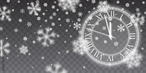 Vintage gold shining round clock. Christmas snow. Falling snowflakes on blue background. Snowfall. Vector illustration