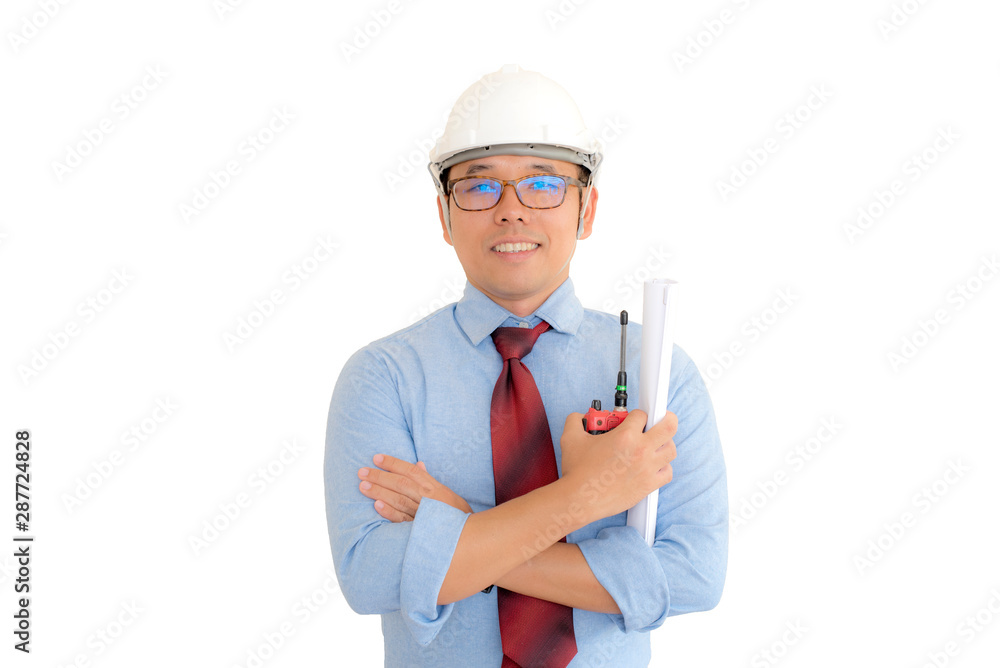 Asian man,Engineer or Technician in white helmet, glasses and blue working shirt suit holding wrench, isolated on white, mechanic and Oil and Gas industrial concept with clipping path Asian man,Engineer or Technician in white helmet, glasses and blue working shirt suit holding wrench, isolated on white, mechanic and Oil and Gas industrial concept with clipping path