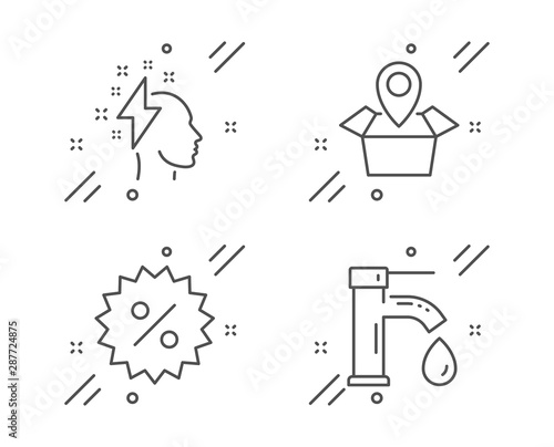 Brainstorming, Discount and Package location line icons set. Tap water sign. Lightning bolt, Special offer, Delivery tracking. Faucet. Business set. Line brainstorming outline icon. Vector