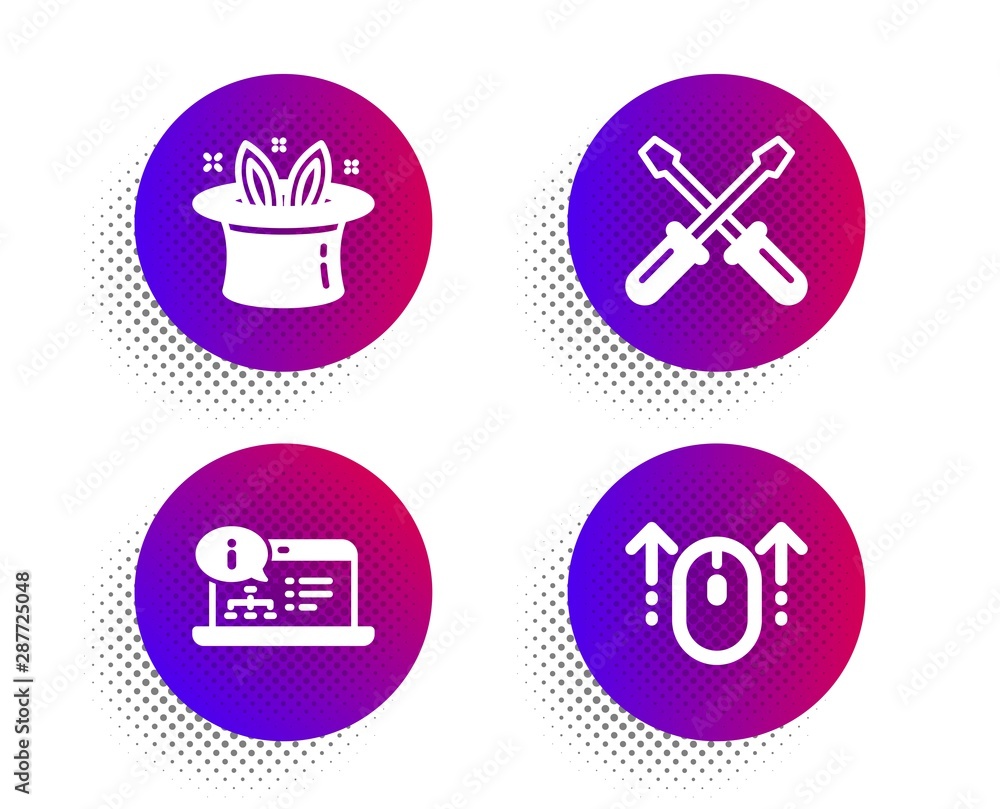 Online documentation, Hat-trick and Screwdriverl icons simple set. Halftone dots button. Swipe up sign. Web engineering, Magic hat, Repair tool. Scrolling page. Business set. Vector Online documentation, Hat-trick and Screwdriverl icons simple set. Halftone dots button. Swipe up sign. Web engineering, Magic hat, Repair tool. Scrolling page. Business set. Vector