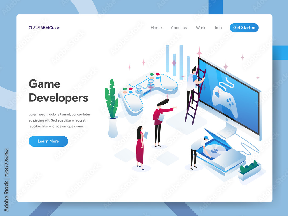 Landing page template of Game Developers Isometric Illustration Concept. Modern design concept of web page design for website and mobile website.Vector illustration EPS 10