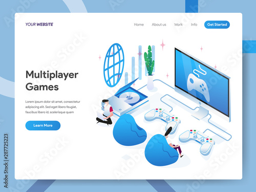 Landing page template of Multiplayer Games Isometric Illustration Concept. Modern design concept of web page design for website and mobile website.Vector illustration EPS 10