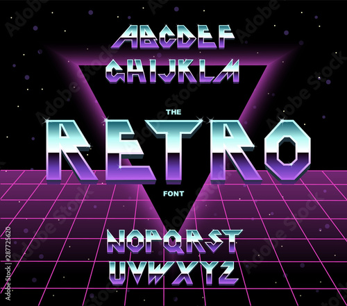 Alphabet 80 s retro font. Vector typography for flyers, posters. Iron Effect shiny letters.