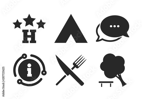 Knife and fork. Chat, info sign. Food, hotel, camping tent and tree icons. Break down tree. Road signs. Classic style speech bubble icon. Vector