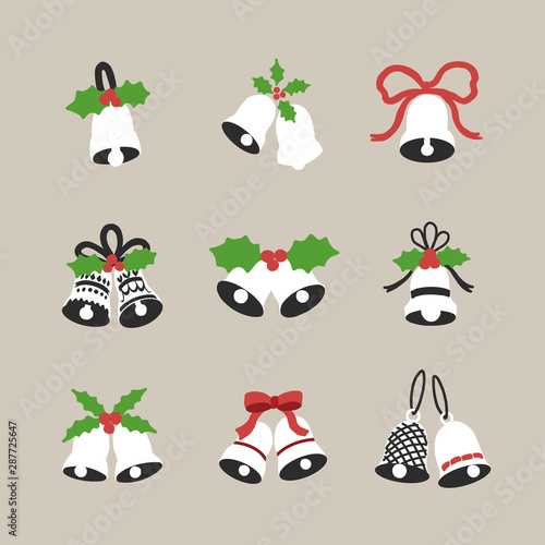  Christmas Bells with red ribbon and holly isolated on beige background. Vector illustration.