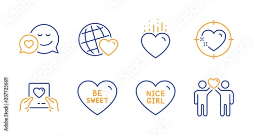 Friends world, Heart and Dating line icons set. Heart target, Be sweet and Love mail signs. Nice girl, Friends couple symbols. Love, Valentine letter. Love set. Line friends world icon. Vector