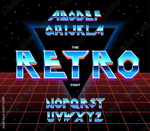 Alphabet 80 s retro font. Vector typography for flyers, posters. Iron Effect shiny letters.