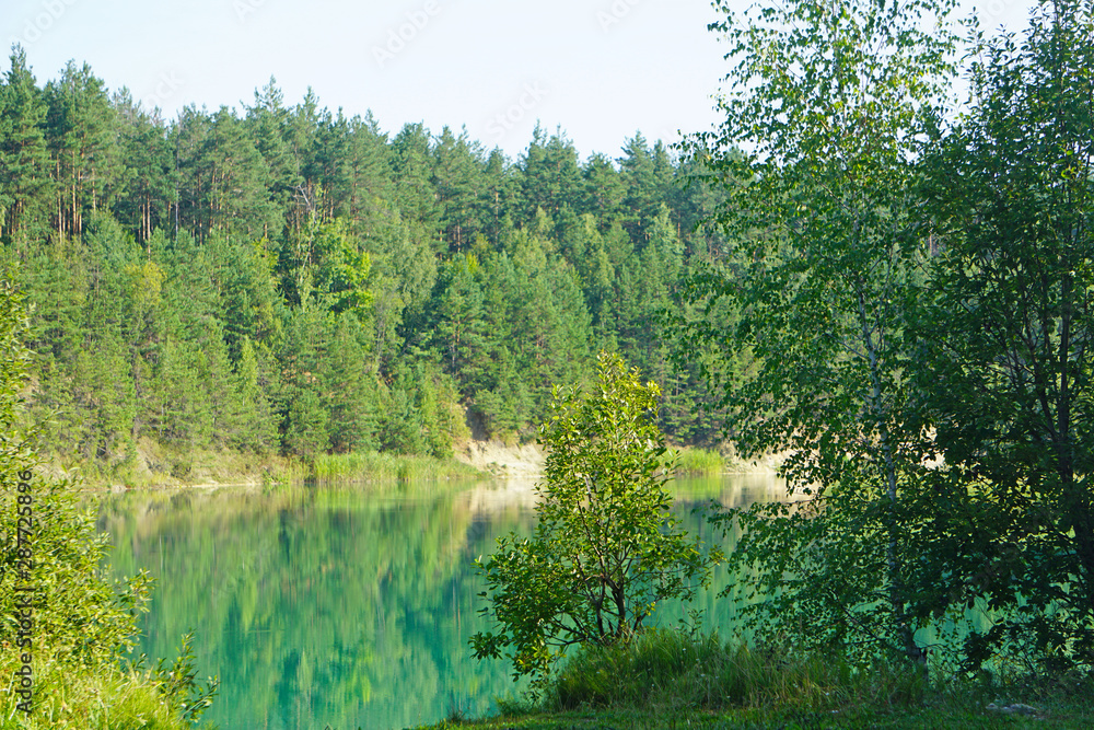 Pine forest is reflected in the surface of the green-blue water of the chalk pits in the center of Belarus, Lyuban Pine forest is reflected in the surface of the green-blue water of the chalk pits in the center of Belarus, Lyuban