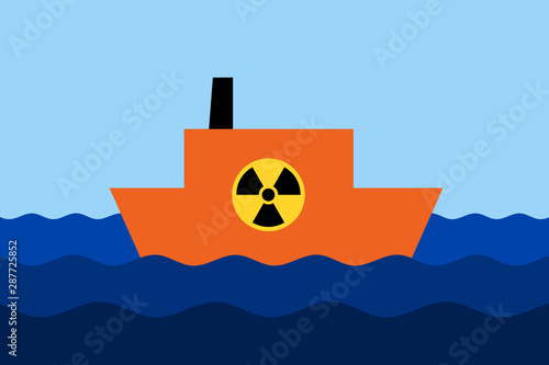 Floating nuclear power plant on the sea and ocean. Ship and boat with symbol of radioactive and atomic radiation is on the wavy water. Vector illustration