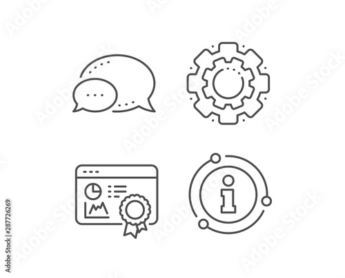 Seo statistics line icon. Chat bubble, info sign elements. Search engine certificate sign. Analytics chart symbol. Linear seo certificate outline icon. Information bubble. Vector © blankstock
