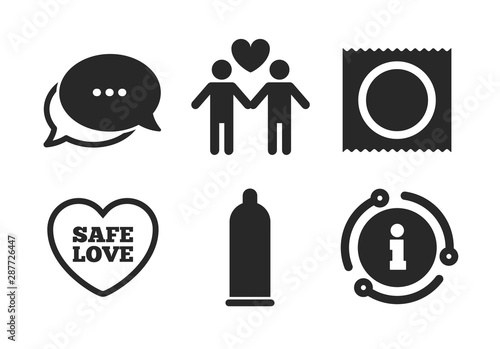 Lovers Gay couple signs. Chat, info sign. Condom safe sex icons. Male love male. Heart symbol. Classic style speech bubble icon. Vector