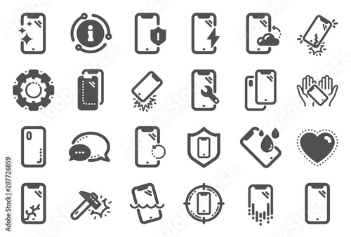 Smartphone protection icons. Tempered glass, screen protector and water resistant. Phone cover, display glass protection and shockproof device icons. Strong smartphone. Quality set. Vector