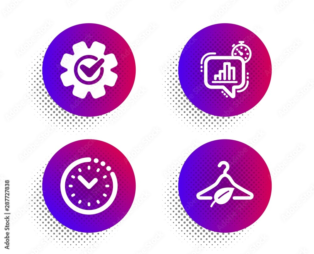 Cogwheel, Time management and Statistics timer icons simple set. Halftone dots button. Slow fashion sign. Engineering tool, Office clock, Growth chart. Eco tested. Science set. Vector Cogwheel, Time management and Statistics timer icons simple set. Halftone dots button. Slow fashion sign. Engineering tool, Office clock, Growth chart. Eco tested. Science set. Vector