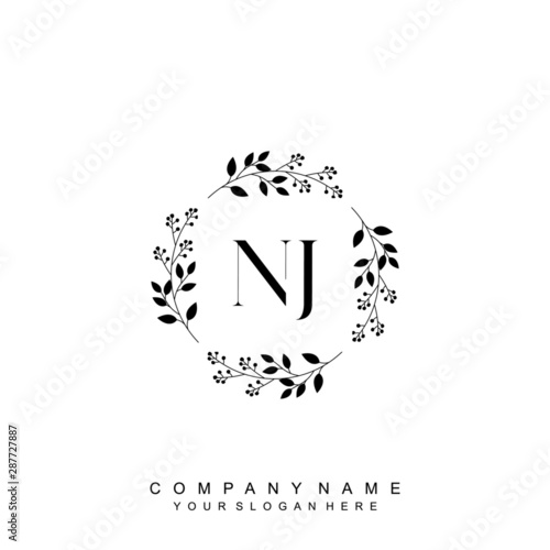 letter NJ surrounded by beautiful and elegant flowers and leaves. Wedding monogram logo template. Fashion Logo template Vectors,